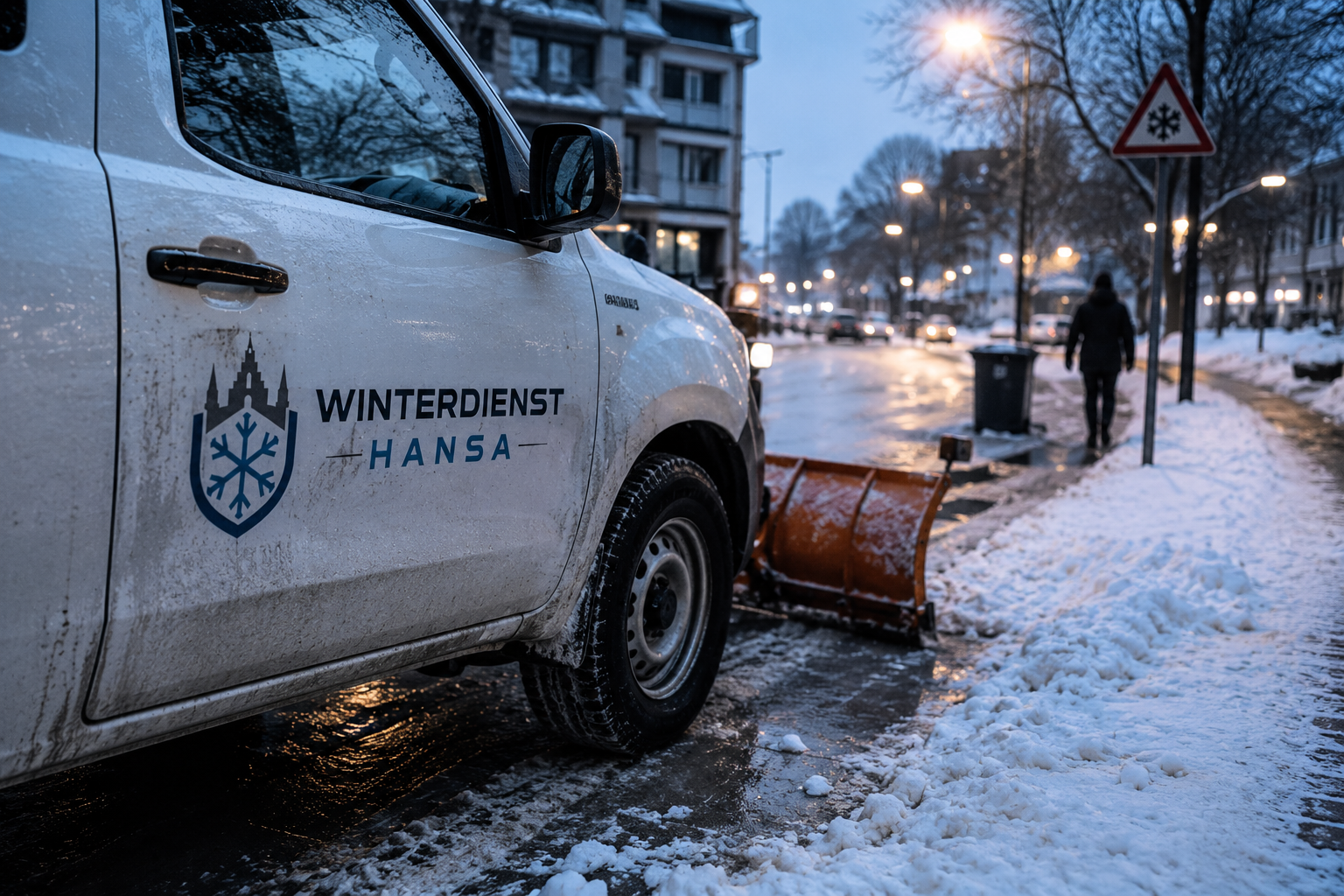Schneeräumung auf einer Gewerbefläche durch Winterdienst Hansa