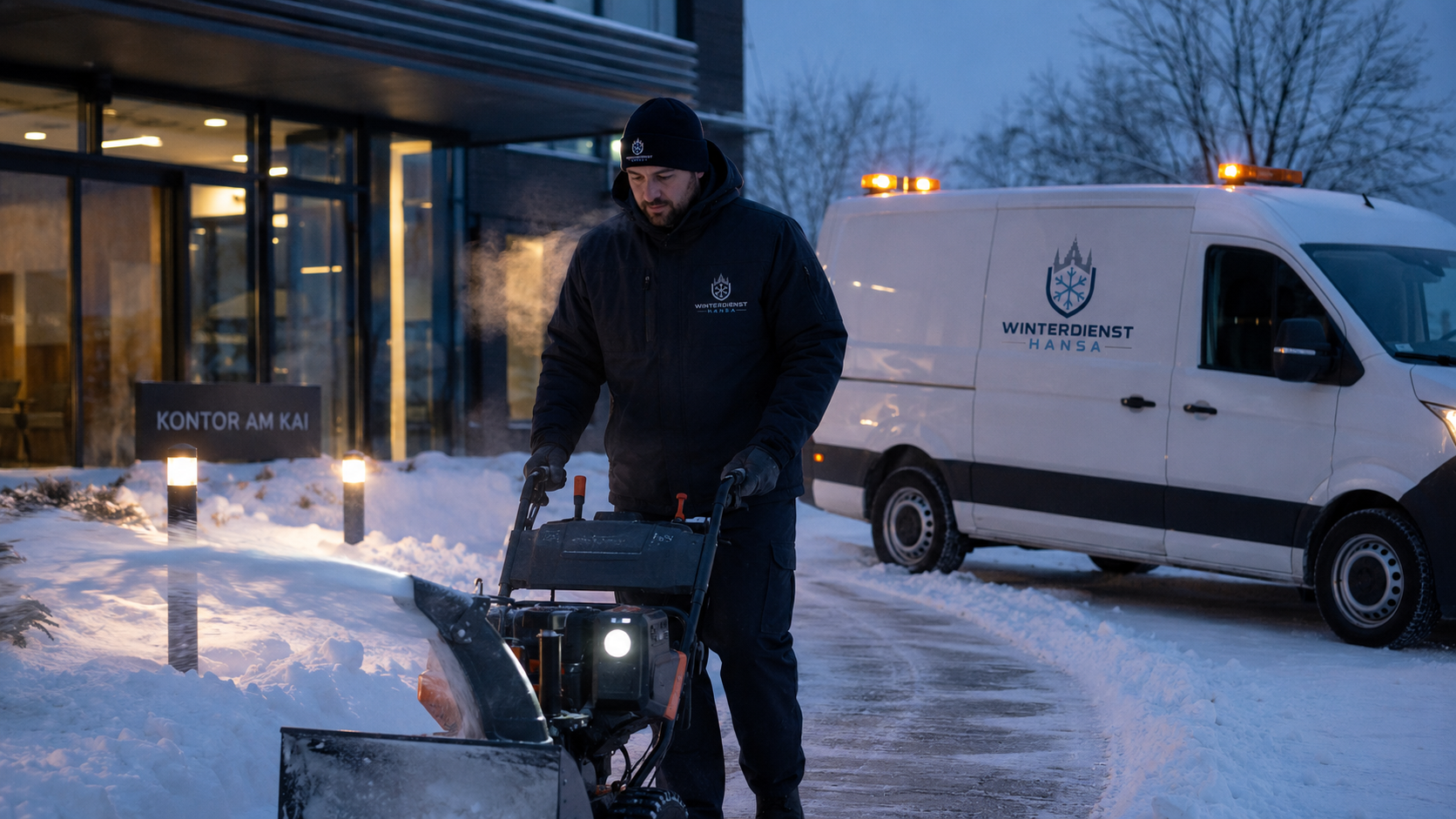 Schneeräumung auf einer Zufahrt durch Winterdienst Hansa